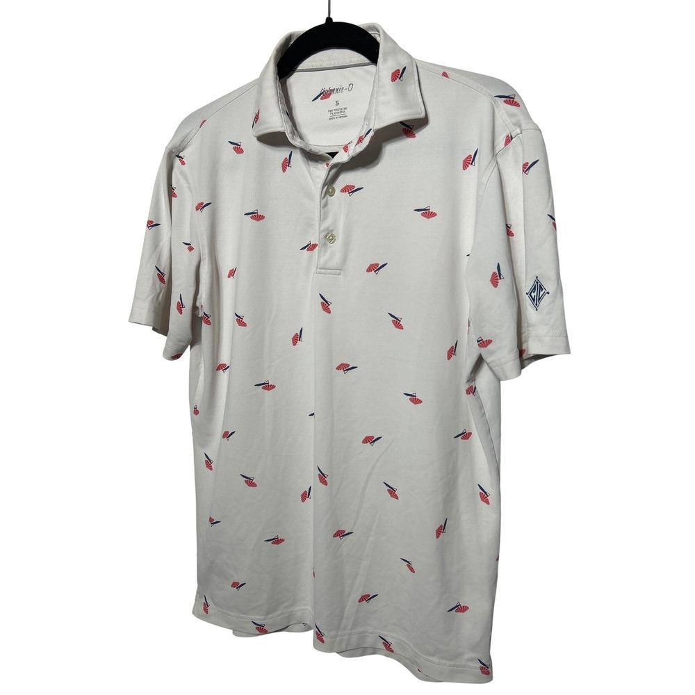 Johnnie-O White Short Sleeve Collared Golf Polo Shirt Umbrella Print Men's Sz S